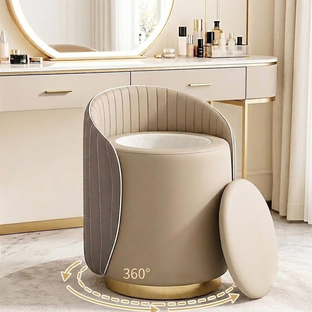 Luxury Vanity Stool with Storage, 360° Swivel Vanity Chair with Back, 400lbs ...