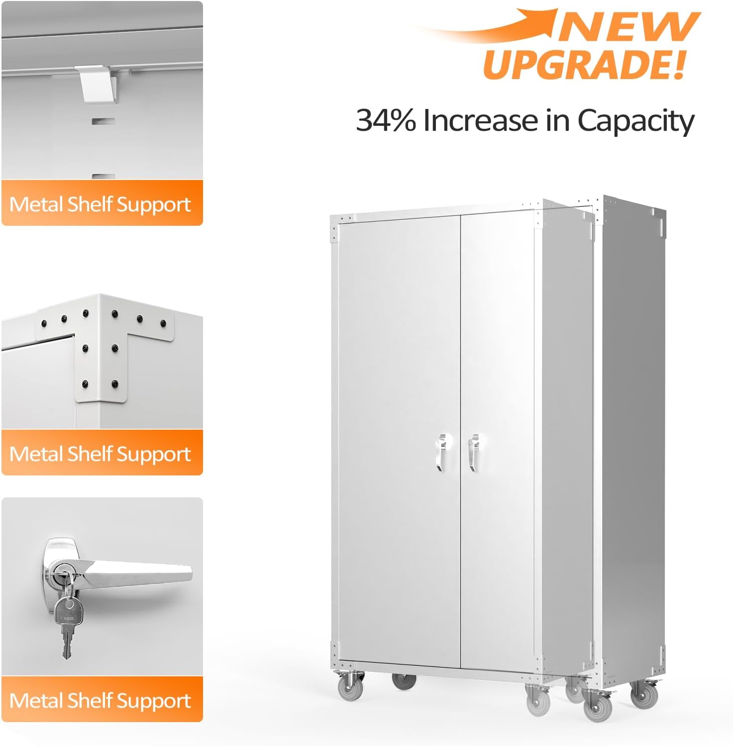 VINGLI Upgraded Wide & Deep Garage Storage Cabinet, Metal Storage Cabinet with Pegboards, Wheels, Locking Doors and Adjustable Shelves (Gray, 43''W x 20''D x 72''H)