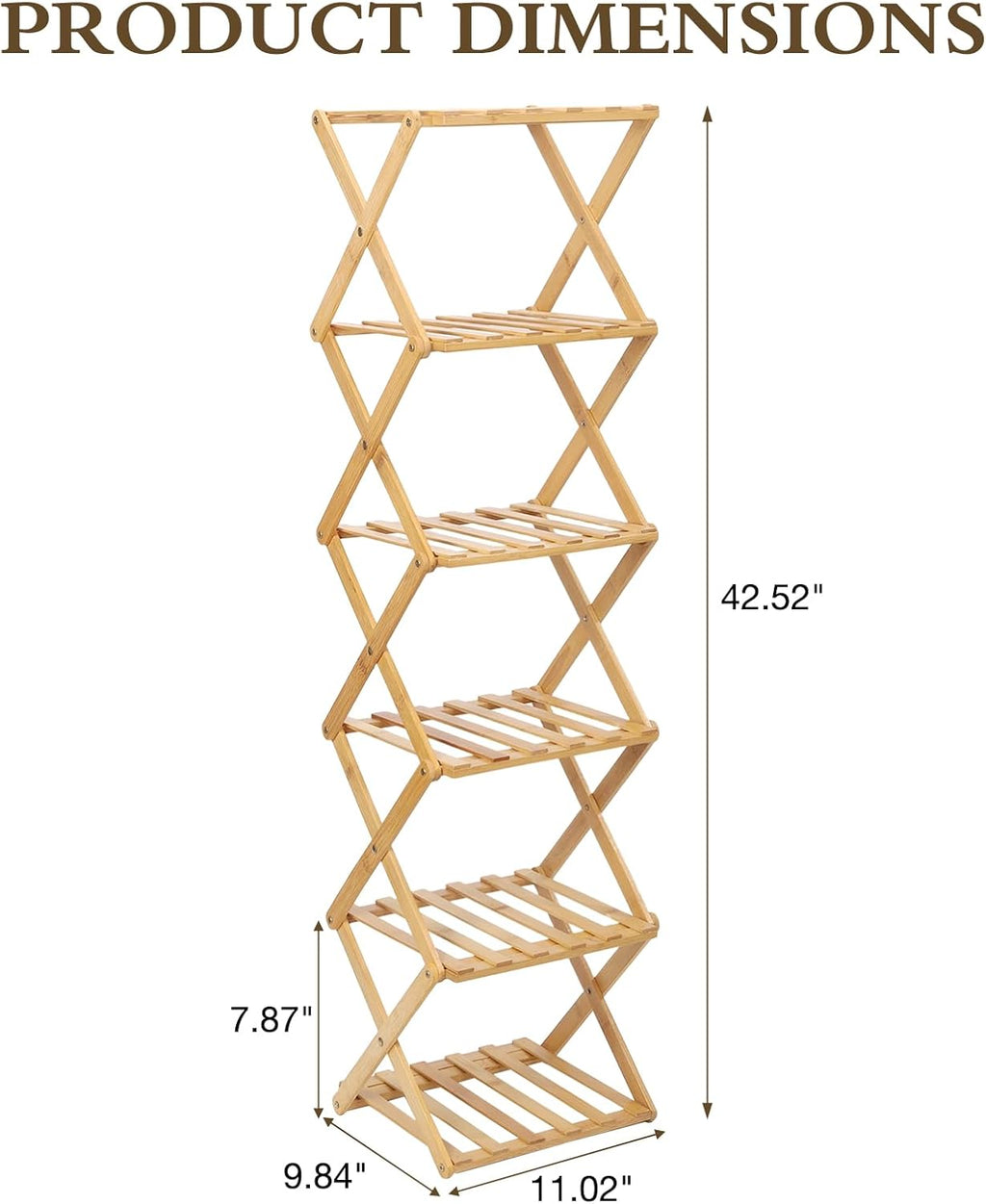 Bamboo Shoe Rack 6 Tier Foldable Shoe Rack for Entryway | Narrow Vertical Shoe Organizer Free Standing Shelf, Multifunctional Slim Storage for Bedrooms Living Room Corner