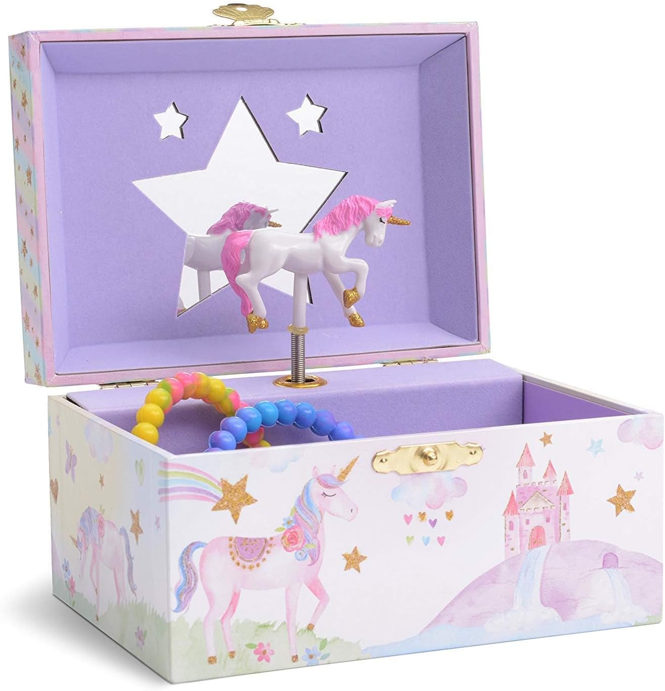 Jewelkeeper Musical Jewelry Box for Girls with Spinning Unicorn, Glitter Rainbow and Stars Design Music Box for Necklace, Earrings, and Accessories, Plays The Beautiful Dreamer Tune