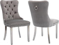 Velvet Dining Chairs Set of 2, Upholstered Dining Room Chairs with Back Ring Pull Trim and Sliver Stainless Steel Legs,Tufted Wingback Chair Perfect for Dining Room,Kitchen(Grey)