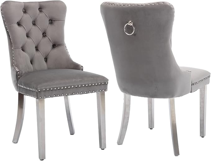 Velvet Dining Chairs Set of 2, Upholstered Dining Room Chairs with Back Ring Pull Trim and Sliver Stainless Steel Legs,Tufted Wingback Chair Perfect for Dining Room,Kitchen(Grey)