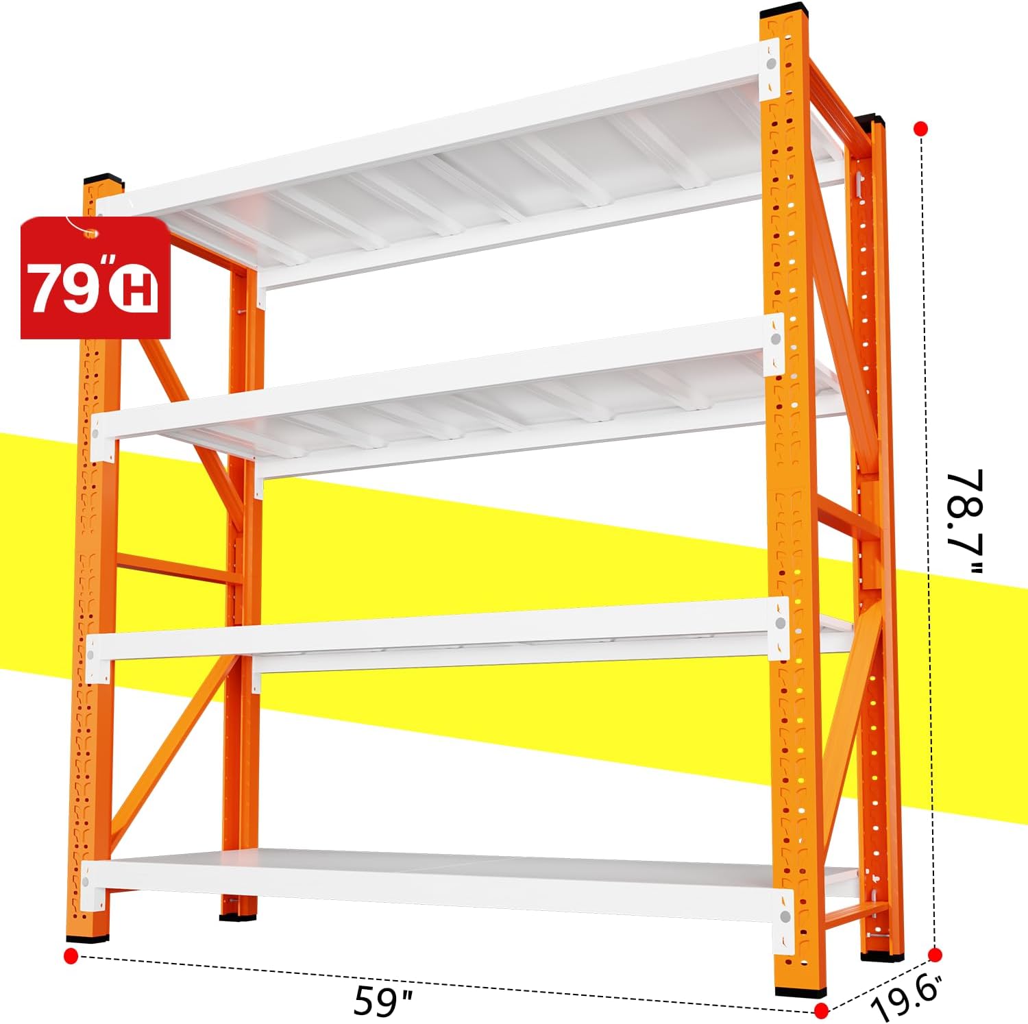 79" H Garage Shelving,3500LBS Heavy Duty Storage Rack,4 Tiers Metal Storage Rack Shelf, Adjustable Shelving Unit for Garage,Kitchen,Warehouse,Basement,78.7" H x 59" W x 19.6" D,Orange&White