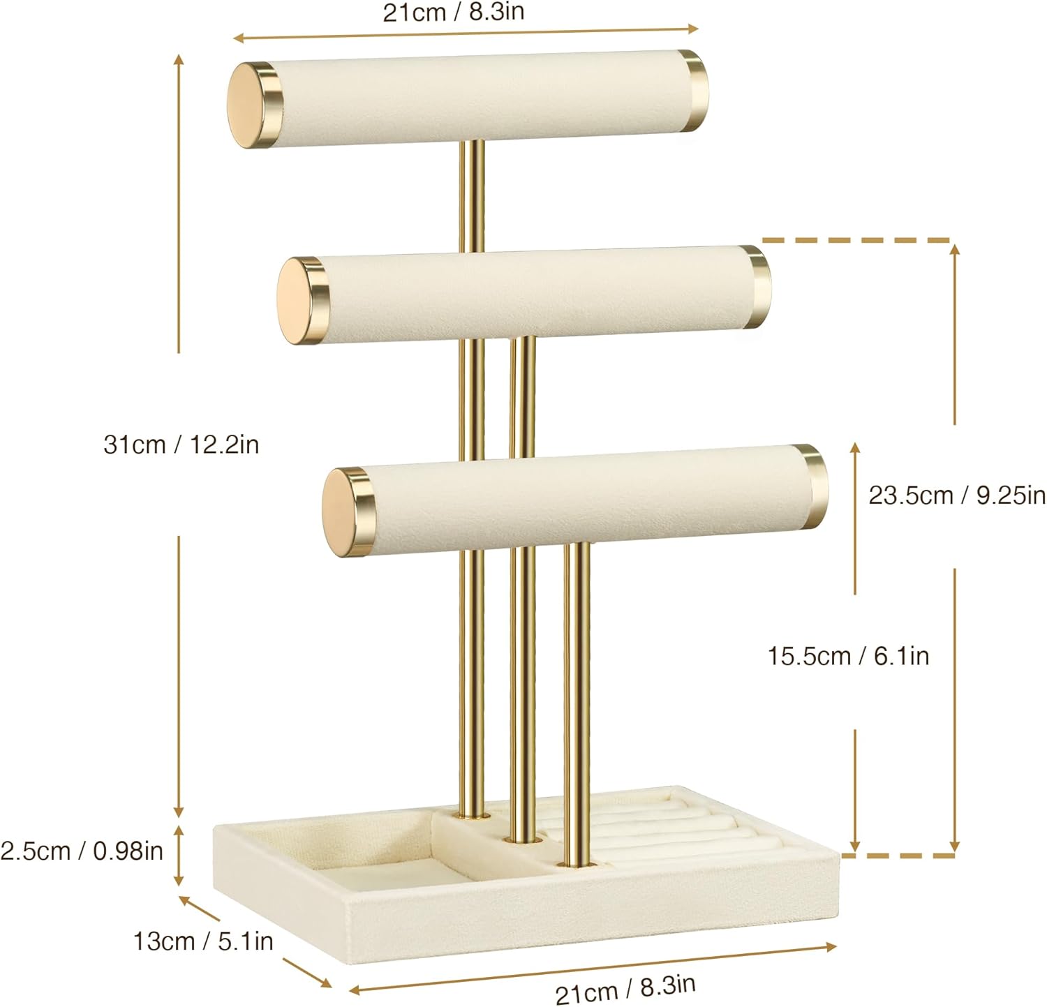 3 Tier Bracelet Holder Display - Detachable T Bar Beige Velvet Bracelet Holder, Jewelry Holder Organizer for Bracelet, Necklace, Watches, Rings