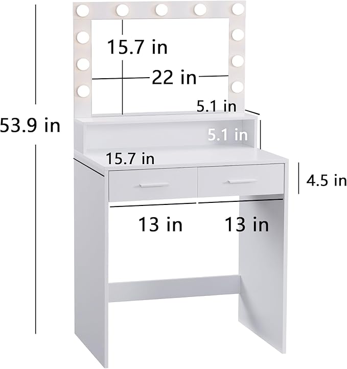 Vanity Desk with Mirror and Lights, Dressing Table with Large Drawer, 2 Level Storage Dresser & 3 Lighting Modes Adjustable Brightness, Suitable for Bedroom