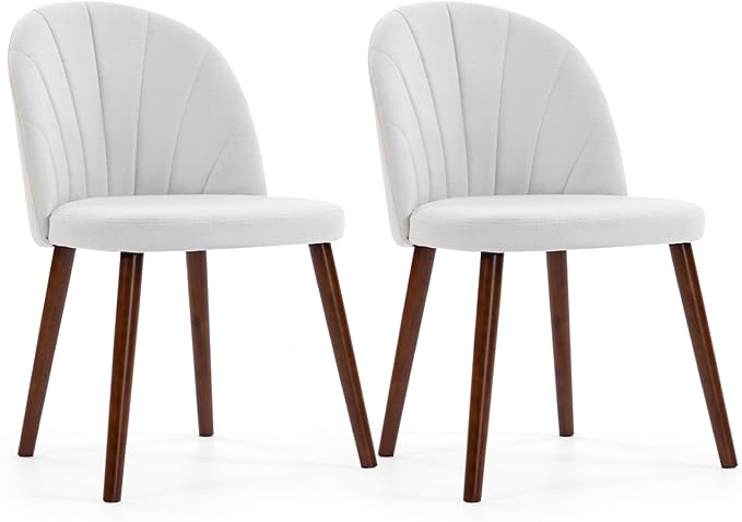 Fabric Dining Chairs Set of 6, Upholstered Mid Century Modern Dining Chairs, Armless Accent Chair with Walnut Wood Legs for Kitchen, Living Room, Dining Room, White