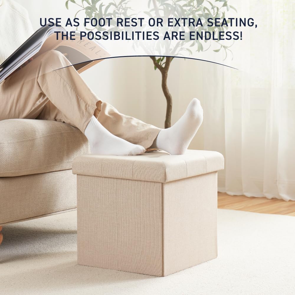 Ornavo Home 15 Inch Folding Storage Ottoman Cube, Tufted Linen, Beige