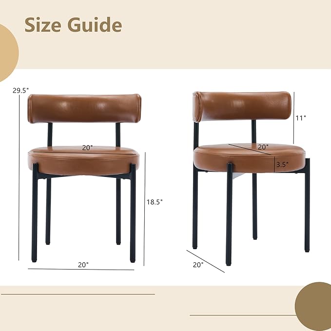 Faux Leather Dining Chairs Set of 6, Upholstered Kitchen and Dining Room Chairs, Mid-Century Modern Dining Chairs with Round Back and Black Metal Legs, Vegan Leather, Brown