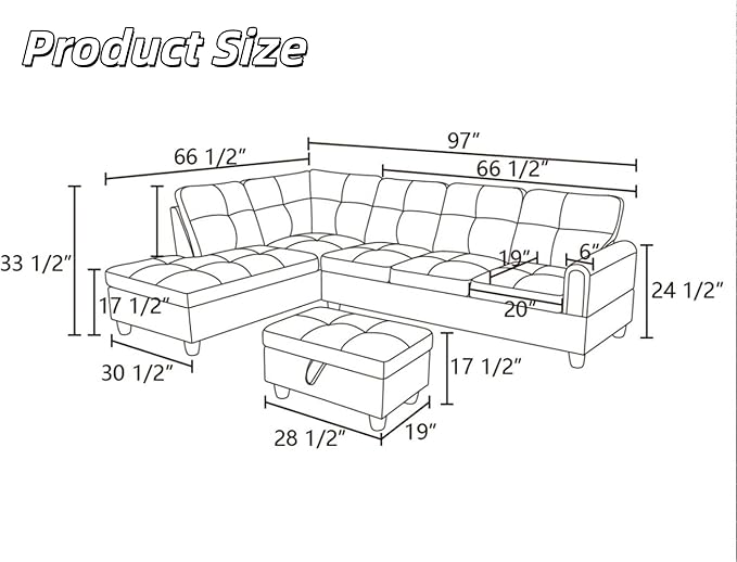 L-Shaped Sectional Sofa with Movable Chaise & Storage Ottoman, Lounge 3-P...