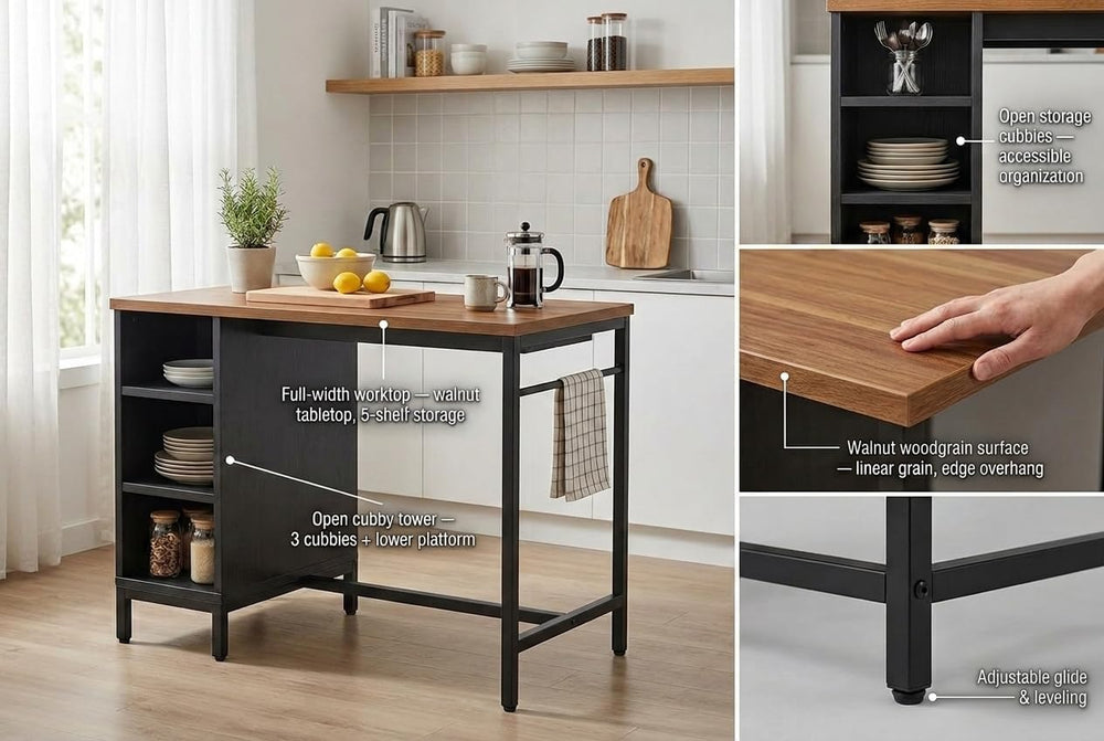 Kitchen Island with 5 Open Storage Shelves and Large Worktop, Rolling Kitchen...