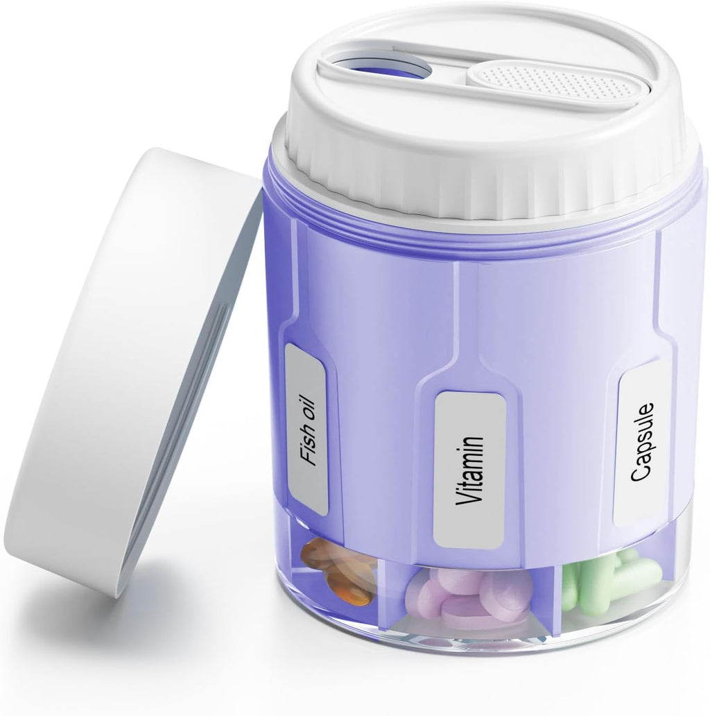 Daviky Pill Bottle Organizer, Supplement Organizer with 7 Large Compartments, Travel Pill Dispenser Round Pill Box with Two Lids（Purple）