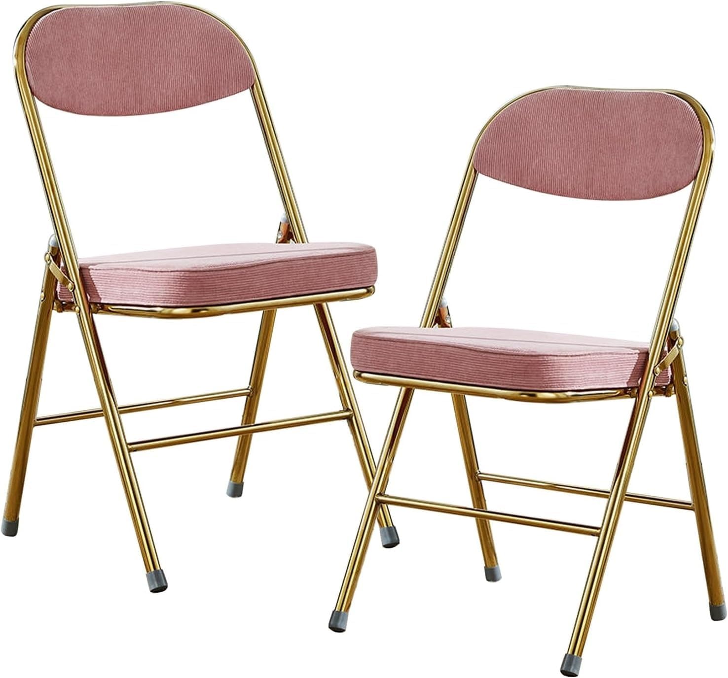 Metal Folding Chairs with Cushioned Seat, Fabric Upholstered Event Chairs with Weight Capacity, Set of 2(Pink)