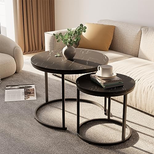 aboxoo Round Nesting Coffee Table Side Set of 2 End Tables for Living Room Be...