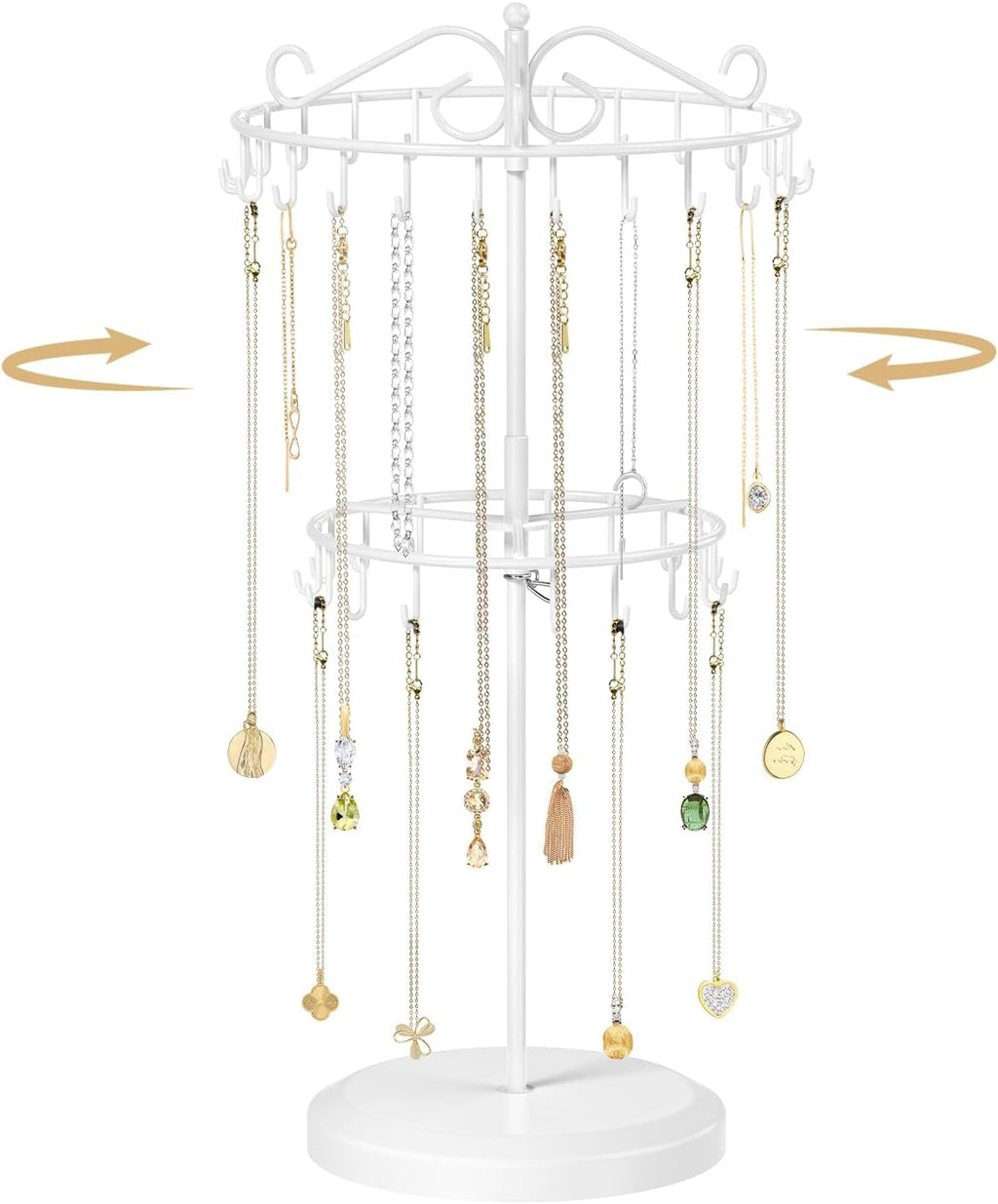 MODOWEY Rotating Necklace Holder Organizer Display Stand with 42 Hooks, 2 Tier Adjustable Metal Tree for Long Necklace Hanger Selling, Tall Spinning Bracelet Storage Rack for Men Women, White