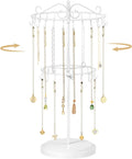 MODOWEY Rotating Necklace Holder Organizer Display Stand with 42 Hooks, 2 Tier Adjustable Metal Tree for Long Necklace Hanger Selling, Tall Spinning Bracelet Storage Rack for Men Women, White