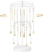 MODOWEY Rotating Necklace Holder Organizer Display Stand with 42 Hooks, 2 Tier Adjustable Metal Tree for Long Necklace Hanger Selling, Tall Spinning Bracelet Storage Rack for Men Women, White