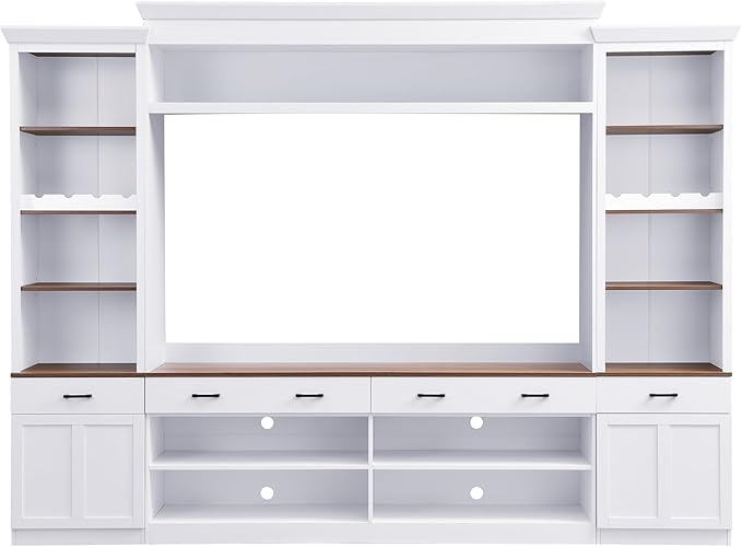 Farmhouse 4-Piece Entertainment Center with Bookshelf for TVs Up to 70", TV Stand with Adjustable Shelves, Mid-Century Media Console with Wine Rack for Living Room (White+Deep Walnut1)