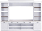 Farmhouse 4-Piece Entertainment Center with Bookshelf for TVs Up to 70", TV Stand with Adjustable Shelves, Mid-Century Media Console with Wine Rack for Living Room (White+Deep Walnut1)