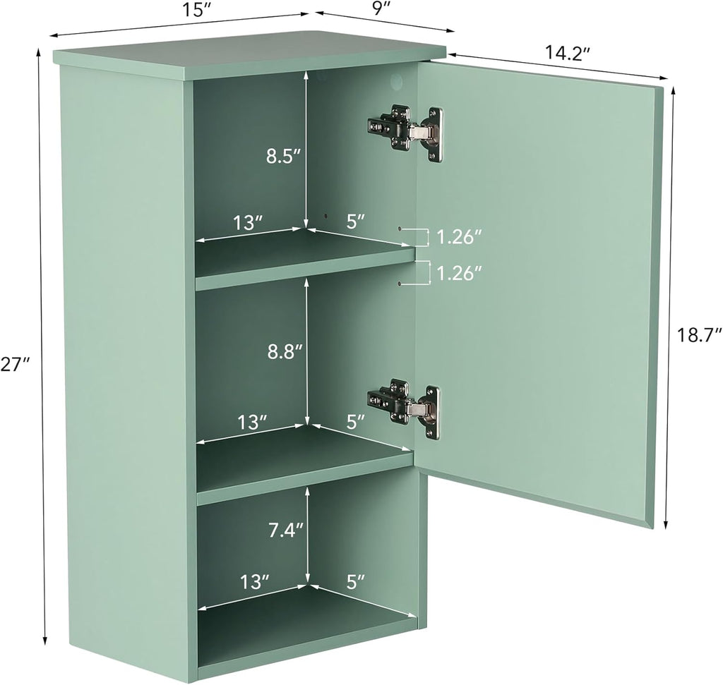 Bathroom Wall Cabinet with Single Door, Soft-Close Hinges, 15x27 inch Wooden Medicine Cabinet for Small Kitchen, Laundry, Entryway, Durable MDF Construction