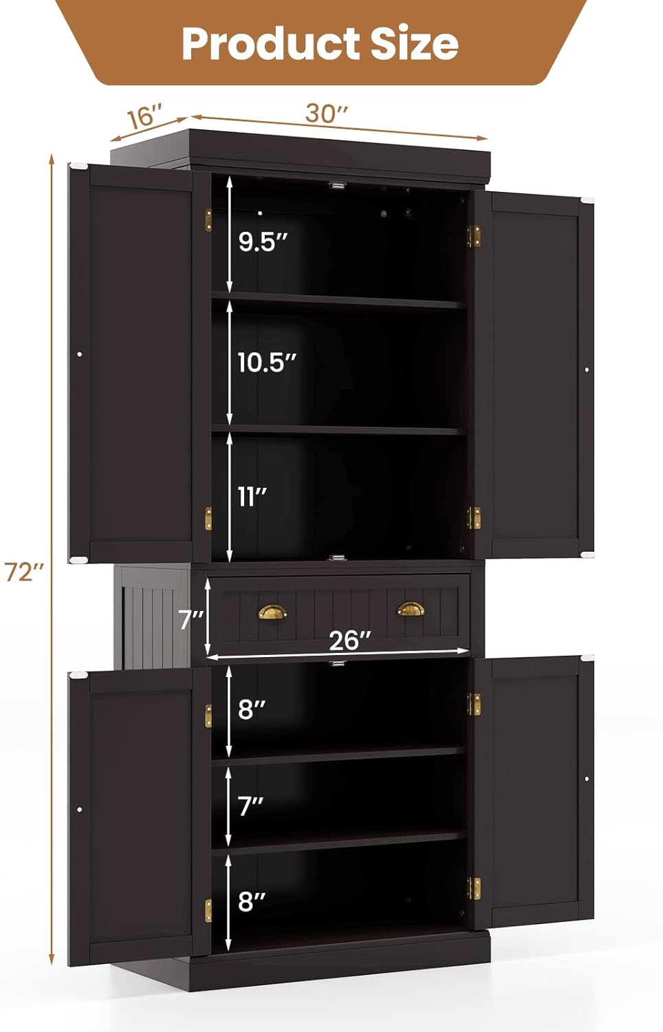 DORTALA 72” Tall Kitchen Pantry Cabinet, Wood Storage Cupboard w/ 4 Adjustabl...