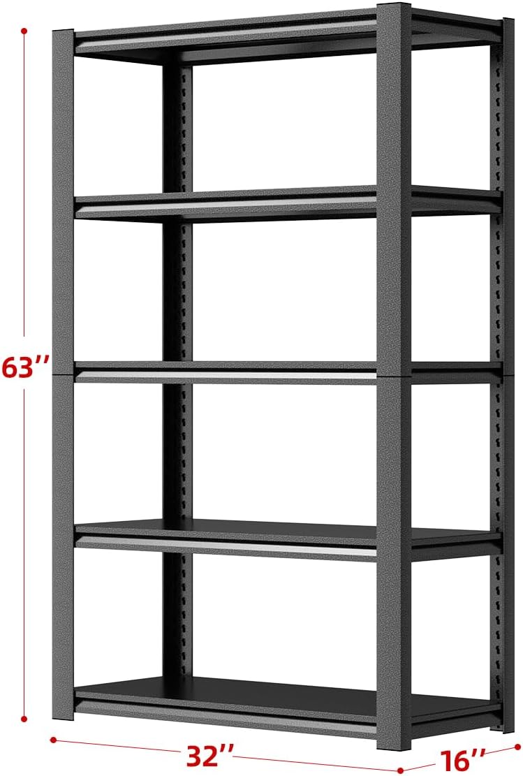 32" W Garage Shelving,5-Tier Heavy Duty Shelving Unit,3000LBS Adjustable Metal Storage Shelves,Storage Rack Units for Industrie,Shed,Warehouse,Basement,Black,32" W x 16" D x 63" H