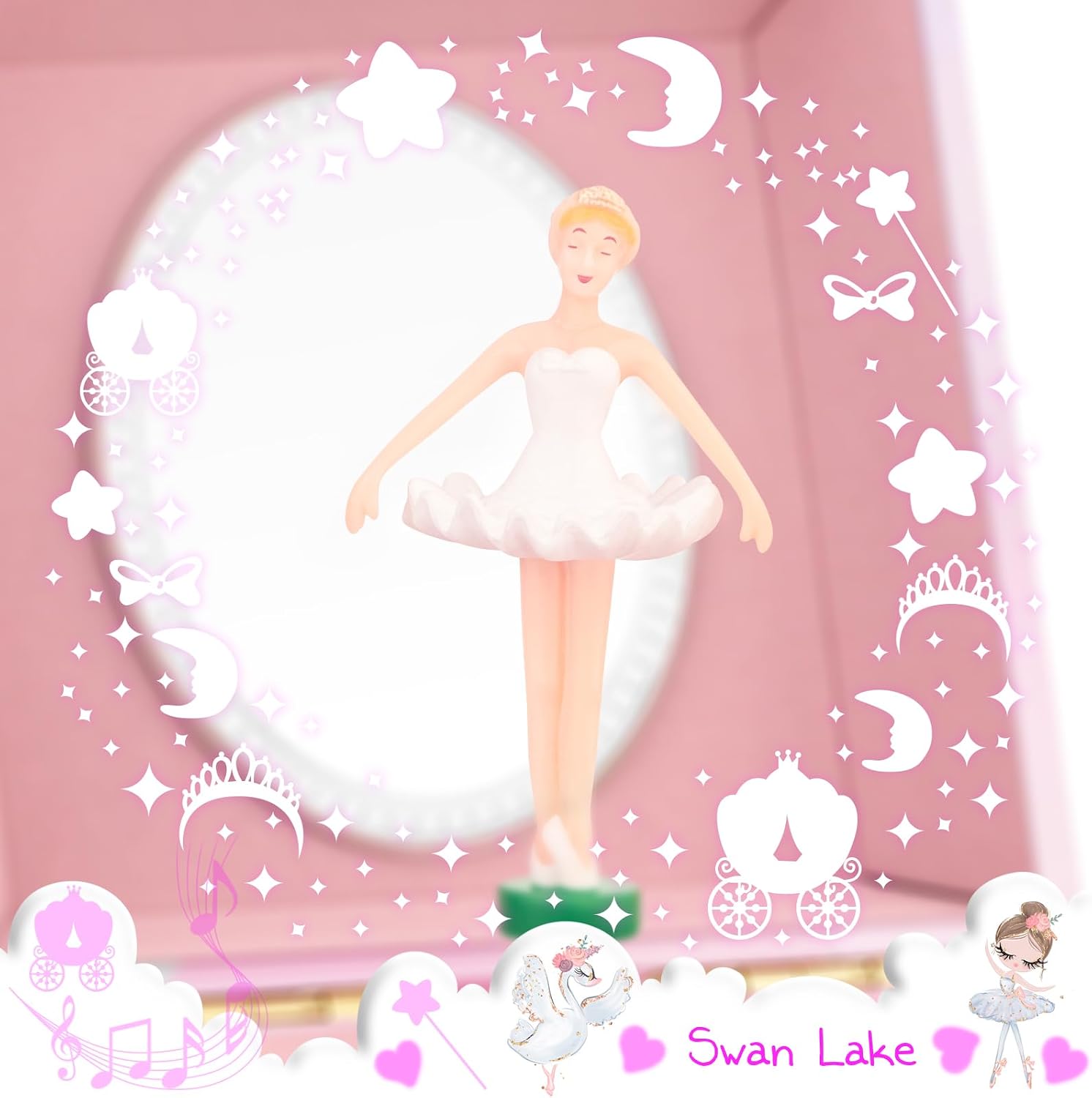 A&A Music Jewelry Box for Girls - Ballet Ballerina Theme with Spinning Doll & Swan Lake Melody, Pink Keepsake Box with Velvet Lining & Mirro