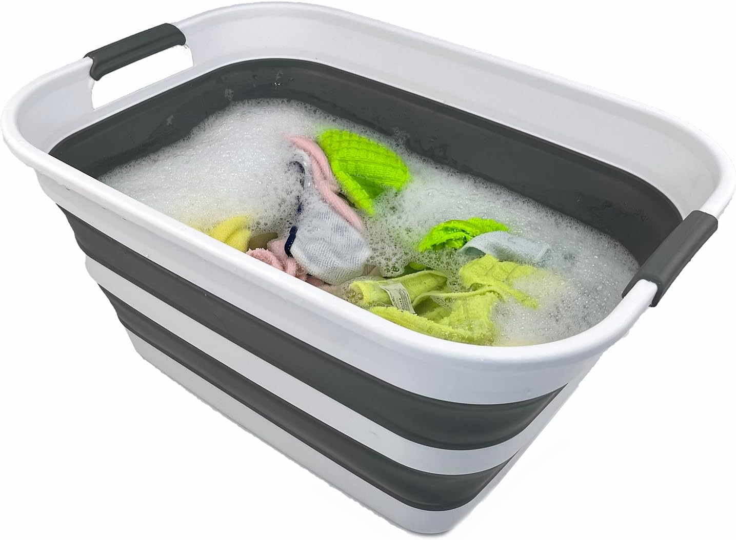 SAMMART Collapsible Plastic Laundry Basket with Dual Grip Handles 27L (7.1 Gallons) -Foldable Pop Up Storage Container/Organizer - Portable Space Saving Washing Tub/Hamper (1, White/Steel Grey)