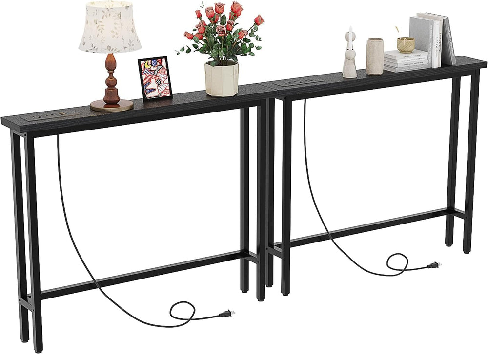 VINGLI 79" Console Table with Power Outlet, Narrow Sofa Table 2 Pack, Black
