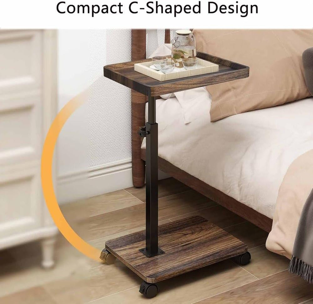 C Shaped End Table Adjustable Height with Wheels, Couch Tables That Slide Und...