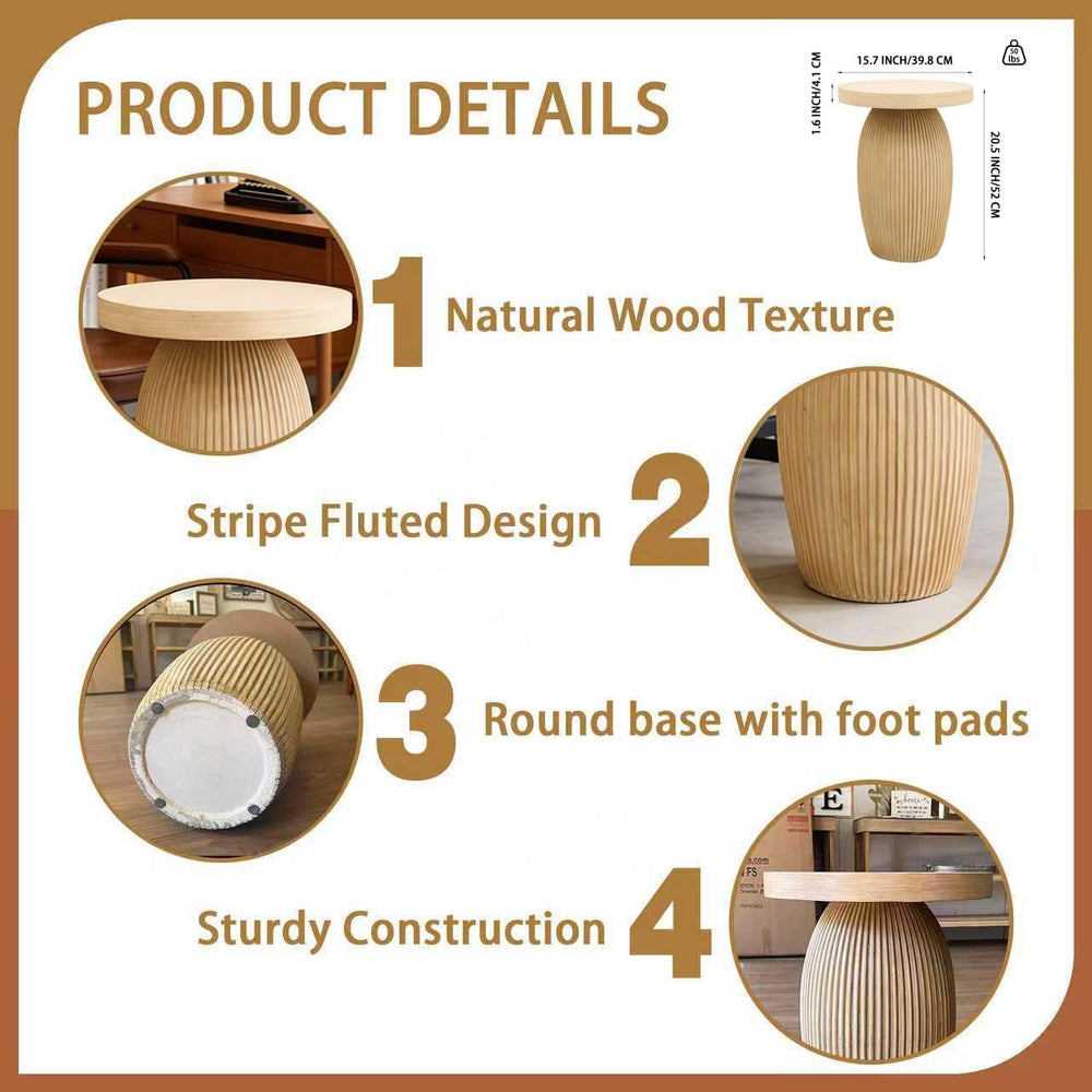 TwinLakes Mushroom Shaped Wood End Table, Boho Side Table with Mgo Base, Roun...