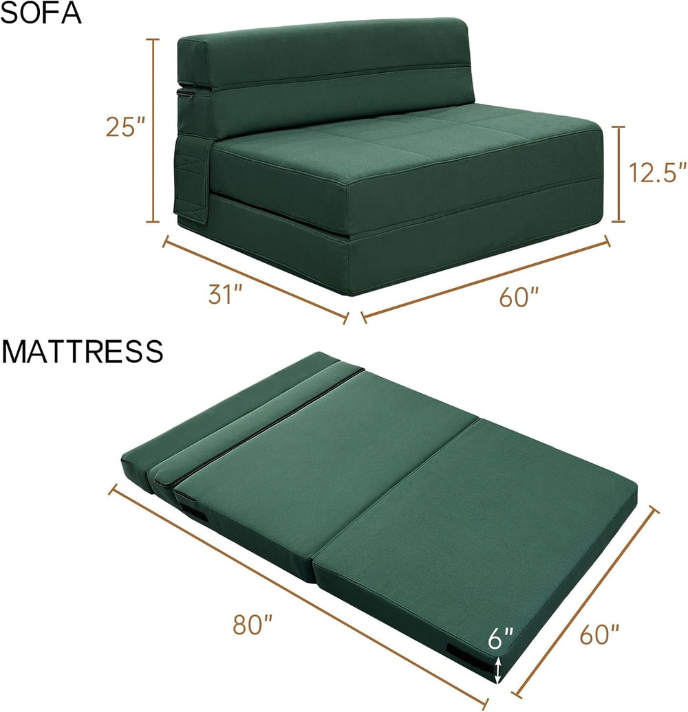 Folding Sofa Bed, Fold Out Couch Memory Foam Sleeper Chair with 2 Pillows | Q...