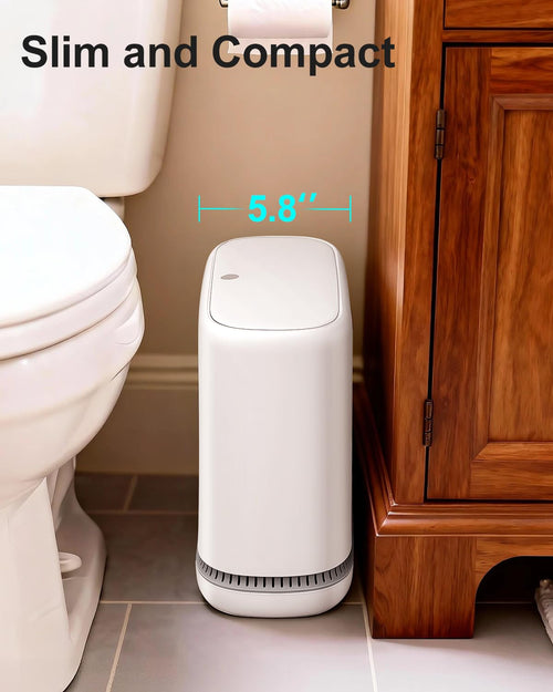 2.3 Gallon Slim Small Bathroom Trash Can with Lid, White Dog Proof Garbage Can with Air-Press Bag Expander & Removable Bucket, Narrow Bathroom Waste Basket for Bedroom, Office, Dorm