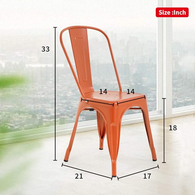 FDW | Set of 4 Metal Dining Chairs | Orange | Stackable Tolix Side Chairs wit...