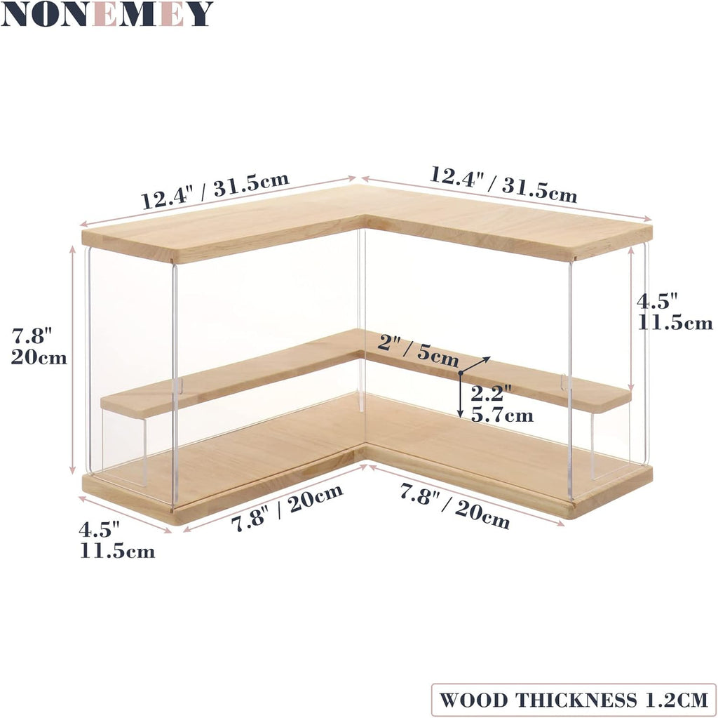 NONEMEY Clear Acrylic Display Case Stand with Wood Base 2/3/4/5/6 Tier Storage Box Showcase Dustproof Organizer Box for Collectibles (2Tier L Shape)