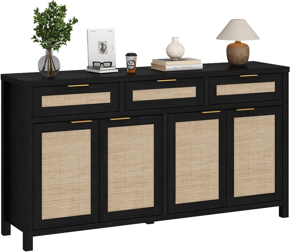 HOKYHOKY Rattan Sideboard Buffet Cabinet, Boho Storage Cabinet with Adjustabl...