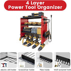 4 Layers Power Tool Organizer Wall Mount with Power Strip, Heavy Duty Metal Tool Shelf, 400lbs Capacity for Cordless Drills, Batteries & Garage Storage (4 Slots with 2 Outlets Power Strip)
