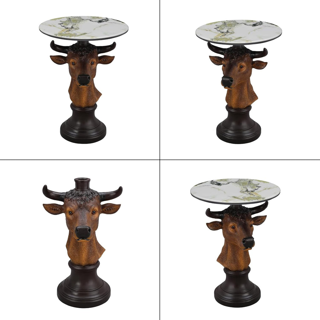 Bull Head Accent Side Table - End Table with Faux Marble Top Unique Cow Statue Decor for Living Room Bedroom Entryway Elegant Animal Sculpture Modern Classical Decoration, Brown