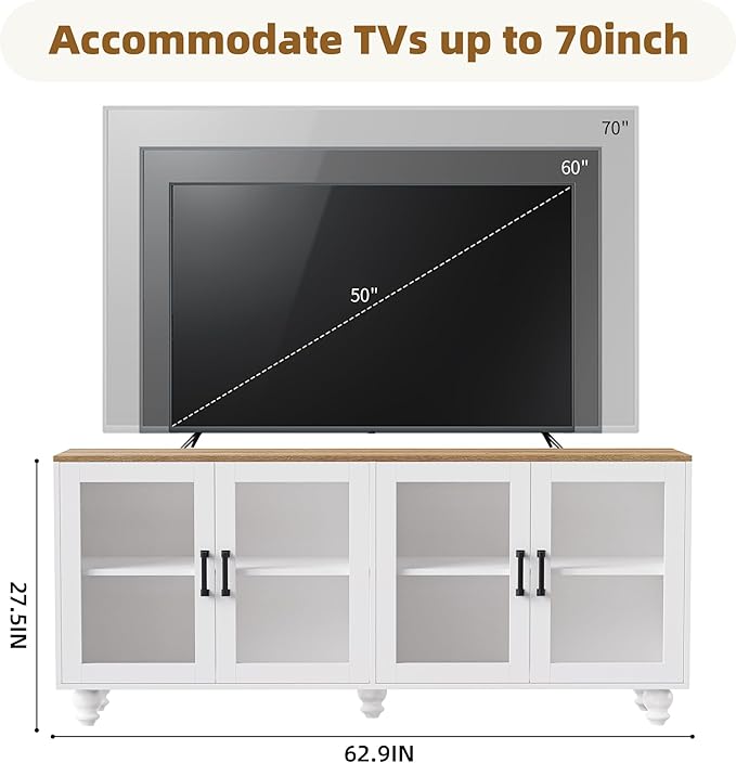 Farmhouse Entertainment Center with 2 Bookshelves & Tempered Glass Doors, TV Stand with Adjustable Shelves for TVs up to 70'', Media Console with Solid Wood Gourd-Shaped Legs, White