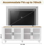 Farmhouse TV Stand with Tempered Glass Doors for TVs up to 70'', Entertainment Center with Adjustable Shelves, Buffet Cabinet with 5 Solid Wood Gourd-Shaped Legs for Living Room, White