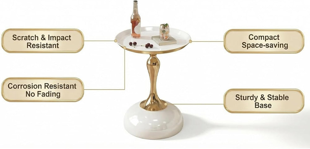 Small White Round Side Table with Gold Pedestal Base - Modern Chic Accent End...