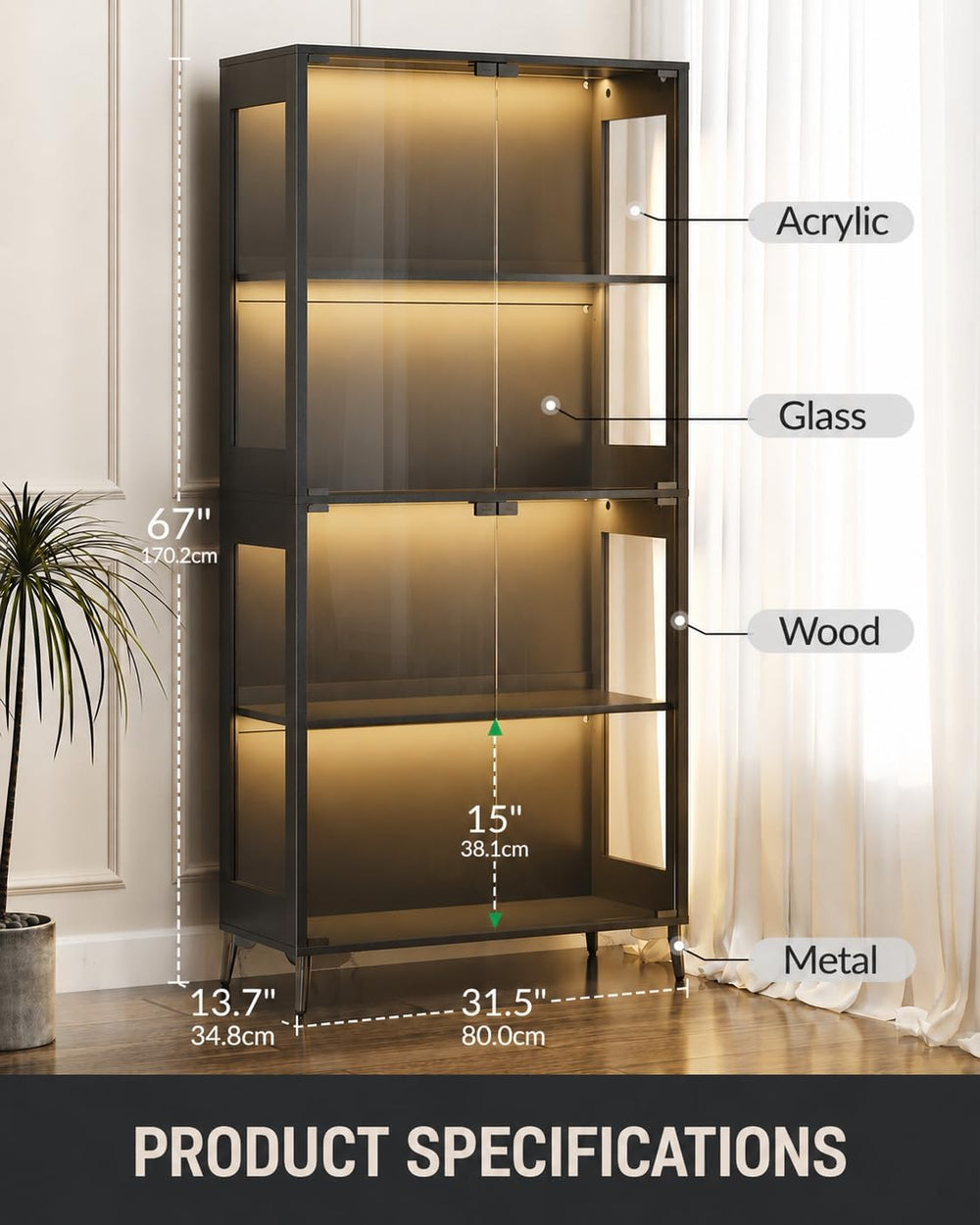 Glass Display Cabinet with Doors, 4-Tier Display Case with Adjustable Shelves...