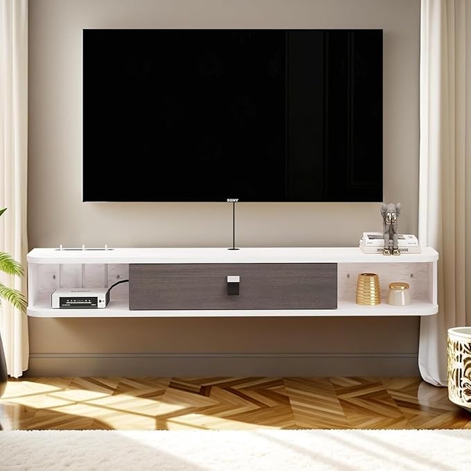 Floating TV Unit, 71'' Wall Mounted TV Cabinet, Floating Shelves with Door, Modern Entertainment Media Console Center Large Storage TV Bench for Living Room & Office (70.86IN, Grayish White)
