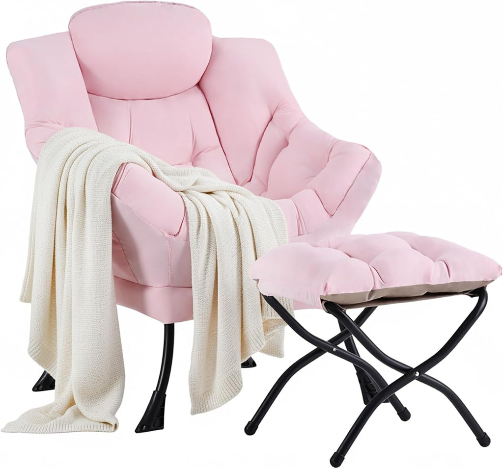 Lazy Chair with Ottoman,Comfy Accent Living Room Chair with Footrest Set | Removable & Machine-washable Cover,Reading Chair with Armrests,Upholstered Lounge Chair for Bedroom,Dorm,Office,Small Space