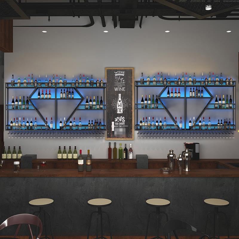 79in Large Wall Mounted Wine Rack 4 Tier Metal Wine Bottle Holder Modern Diamond Design Floating Bar Liquor Bottles Storage Rack for Home Restaurant Bar Decorative (Black, 4 Tier - 79in)