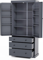 77inch Farmhouse Kitchen Pantry, Freestanding Tall Cupboard Storage Cabinet with 3 Adjustable Shelves, 8 Door Shelves, 3 Drawers for Kitchen, Dining Room, Gray