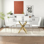 5 Piece Glass Dining Table Table Set, Tempered Glass Dining Table Set for 4 Kitchen Table Set with 4 Upholstered Chairs for Kitchen Dining Room (Gold Leg Table with White Chair)