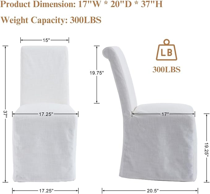 Slipcovered Dining Chairs Set of 6, Parsons Dining Chair with Removable Skirte Upholstered Linen Fabric Kitchen Chairs for Dining/Living Room, Banquet, Solid Wood, Beige