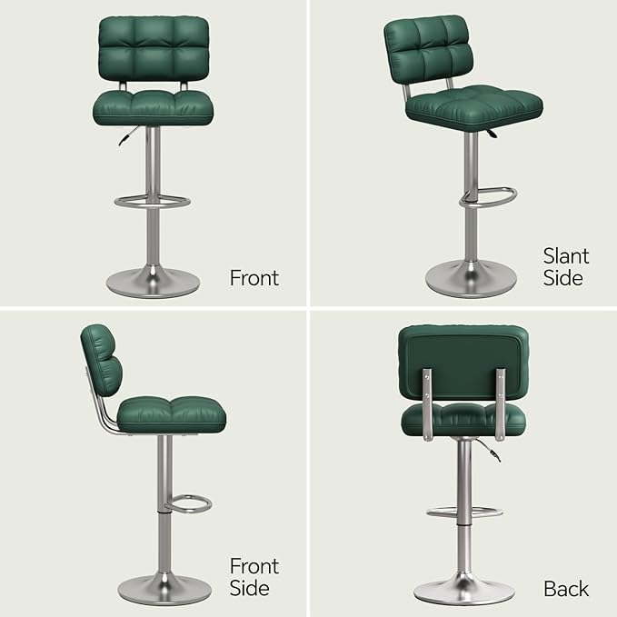 Bar Stools Set of 4 Upholstered Adjustable Counter Height Swivel Bar Stools Island Chairs with Back for Bar Kitchen Dining Room, Green