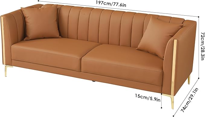 FOTOSOK Leather Couch Sofa, Office Couches 78'' Apartment Faux Leather Sofa with 2 Throw Pillows & Gold Metal Legs, Waterproof 3 Seater Couches for Small Living Room, Affordable Luxury Design