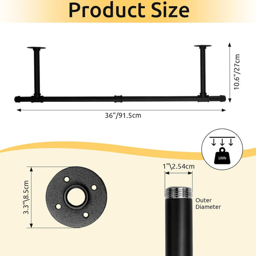 36 inch Industrial Pipe Clothes Rack Wall Mount For Hanging Rod Bar for Laundry Room Up to Max Load 135Lb Black